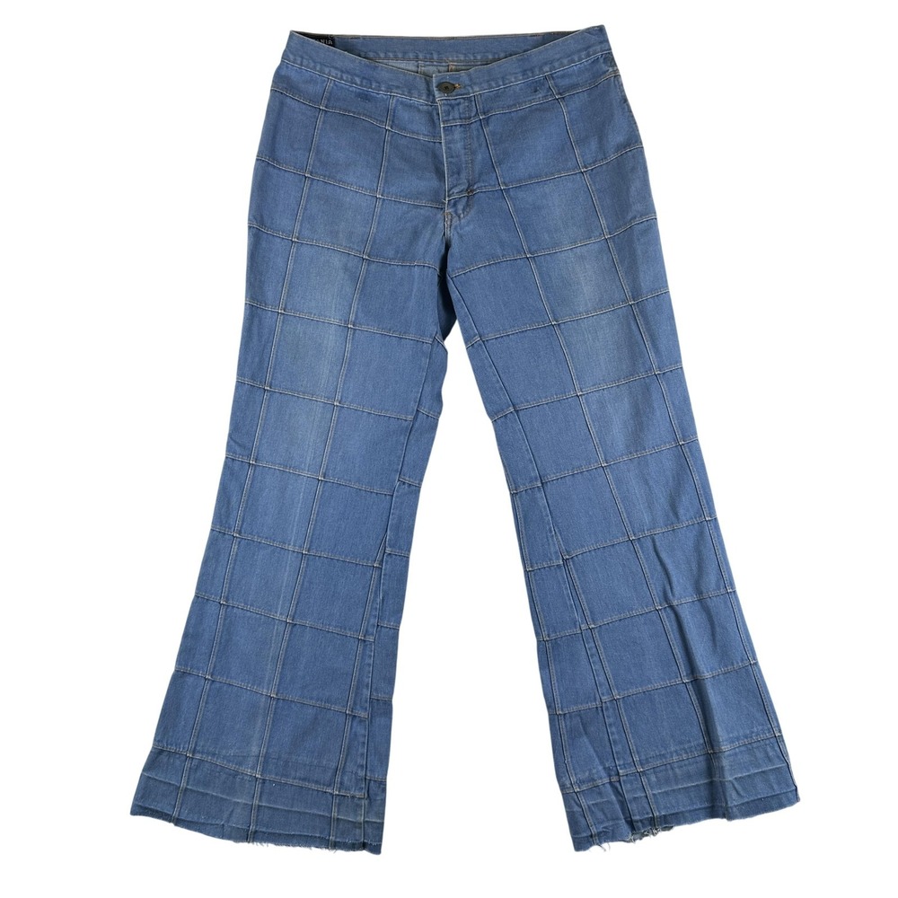 Vintage Brittania Jeans Womens 34x31 Windowpane Bell Bottom Flare Patchwork 70s